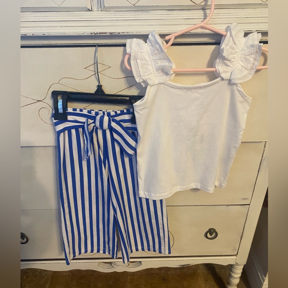 Janie and Jack White Ruffle Top and Blue Striped Shorts Set